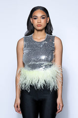 FEATHERED DISCO BALL SLEEVELESS TOP