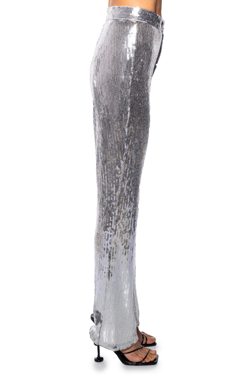 DISCO FEVER SEQUIN EMBELLISHED HIGH WAIST FLARE PANT IN SILVER