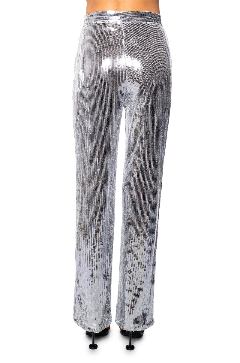 DISCO FEVER SEQUIN EMBELLISHED HIGH WAIST FLARE PANT IN SILVER