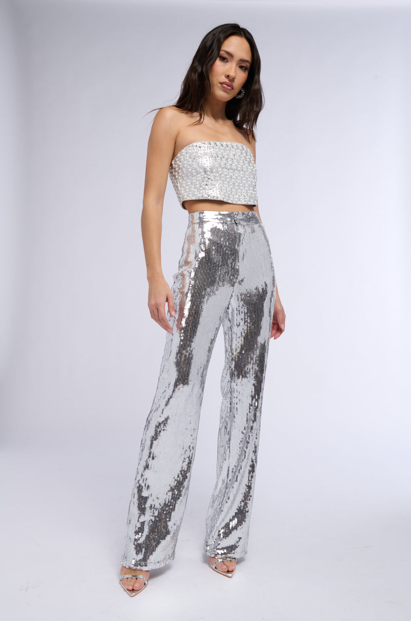 DISCO FEVER SEQUIN EMBELLISHED HIGH WAIST FLARE PANT IN SILVER