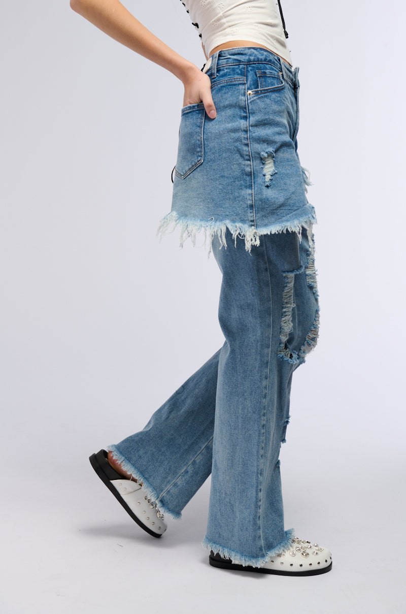 DISTRESSED SKIRT STRAIGHT LEG DENIM JEANS