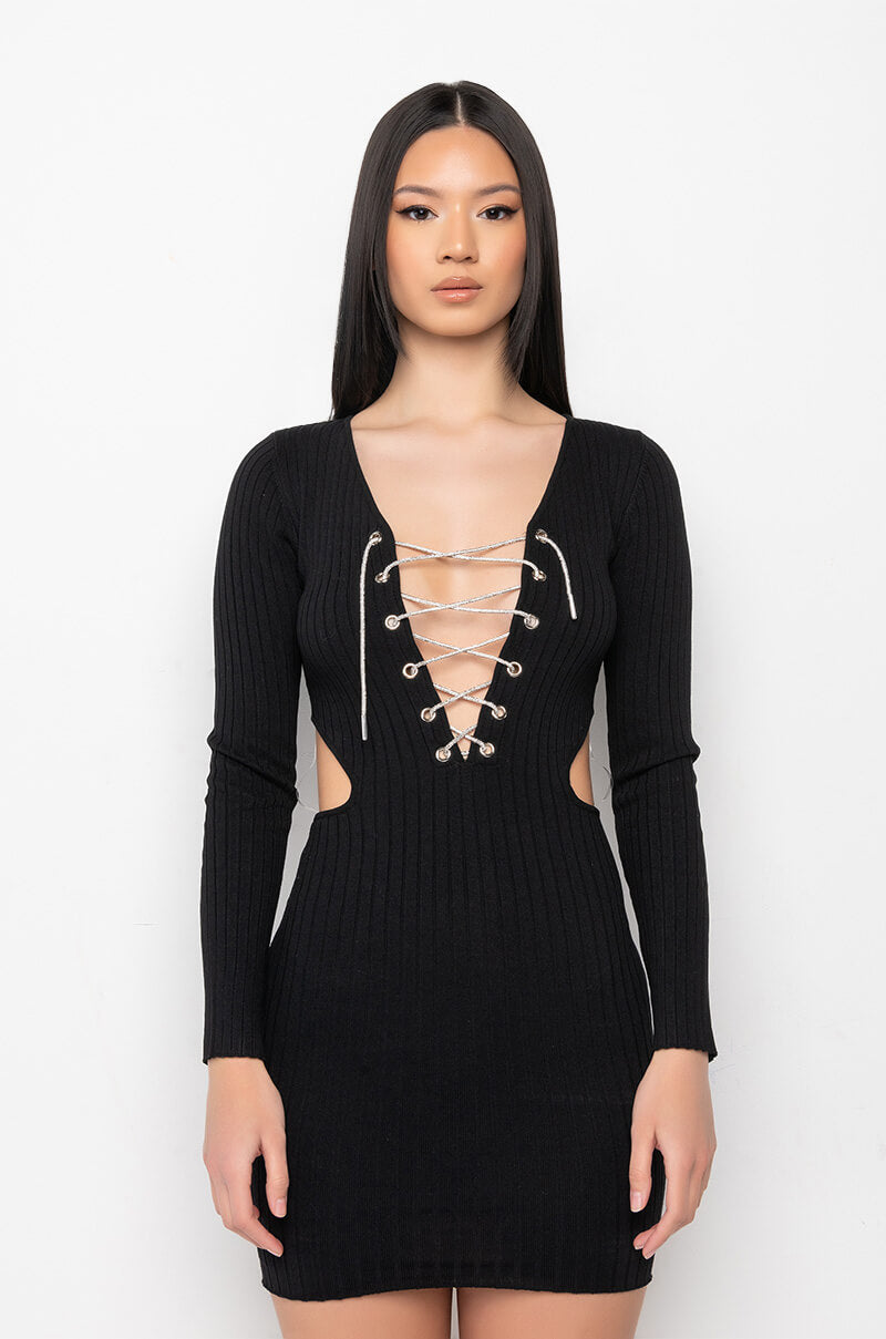 DOING MY THANG RHINESTONE LACE UP FRONT MINI DRESS