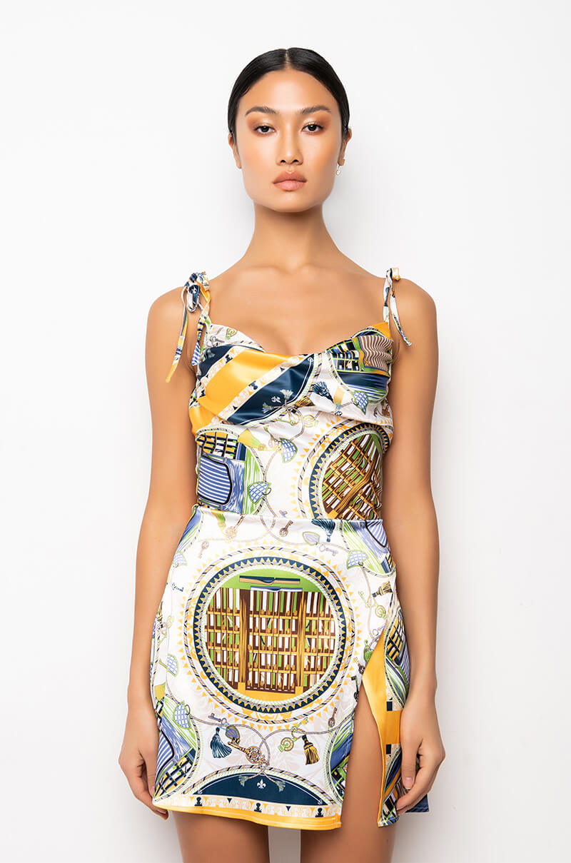 DON'T PLAY ME SCARF PRINT SATIN MINI DRESS