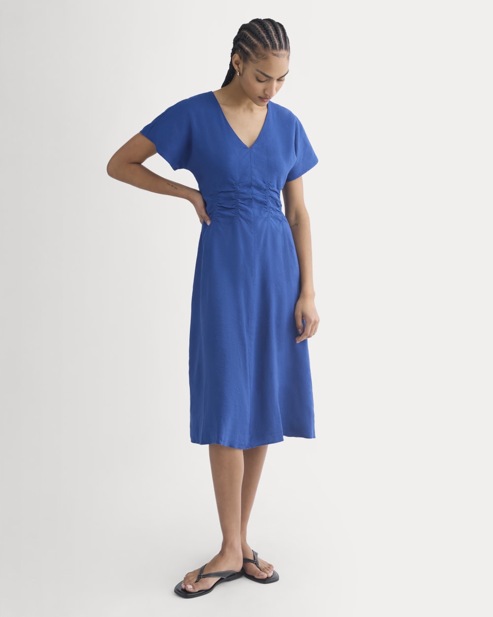 Cinched Dress in Stretch Linen | Estate Blue