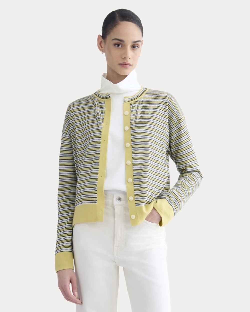 Crew Cardigan in Ultrasoft Merino | Double Cream Multi Stripe