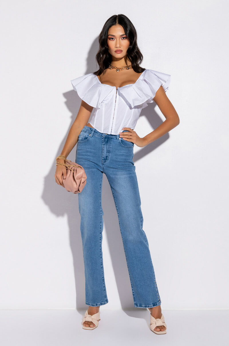 ELEVATED MID RISE STUD SLIT STRAIGHT JEANS