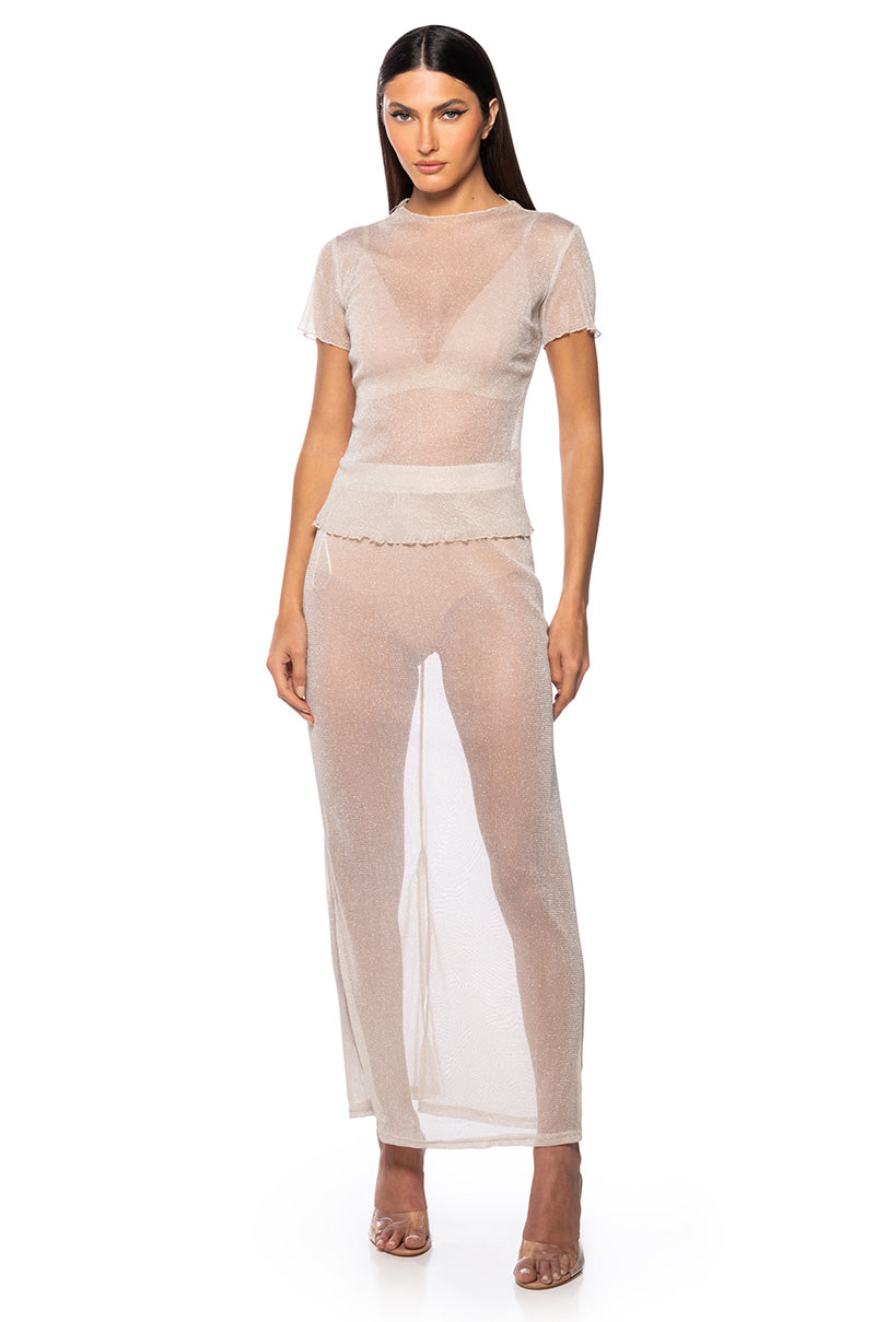 ESTELLE MOCK NECK LETTUCE HEM MESH TOP