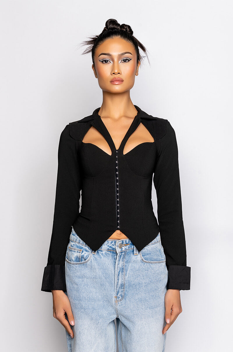 FAN BEHAVIOR CUTOUT LONG SLEEVE CORSET BLOUSE
