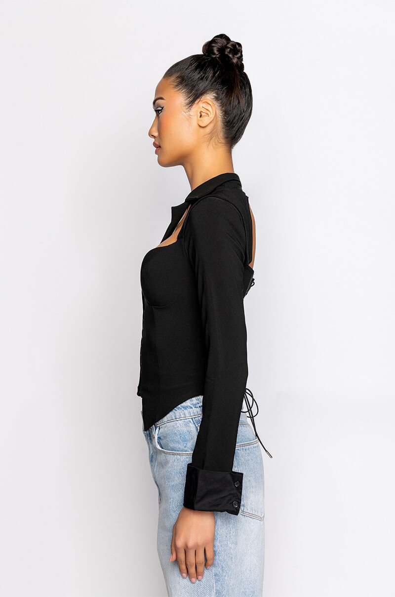 FAN BEHAVIOR CUTOUT LONG SLEEVE CORSET BLOUSE