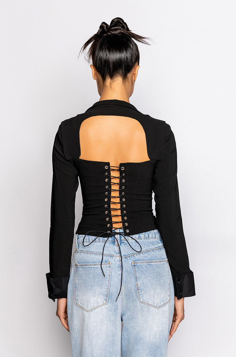 FAN BEHAVIOR CUTOUT LONG SLEEVE CORSET BLOUSE