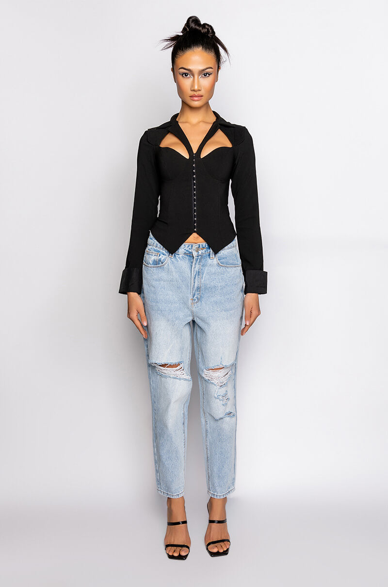 FAN BEHAVIOR CUTOUT LONG SLEEVE CORSET BLOUSE