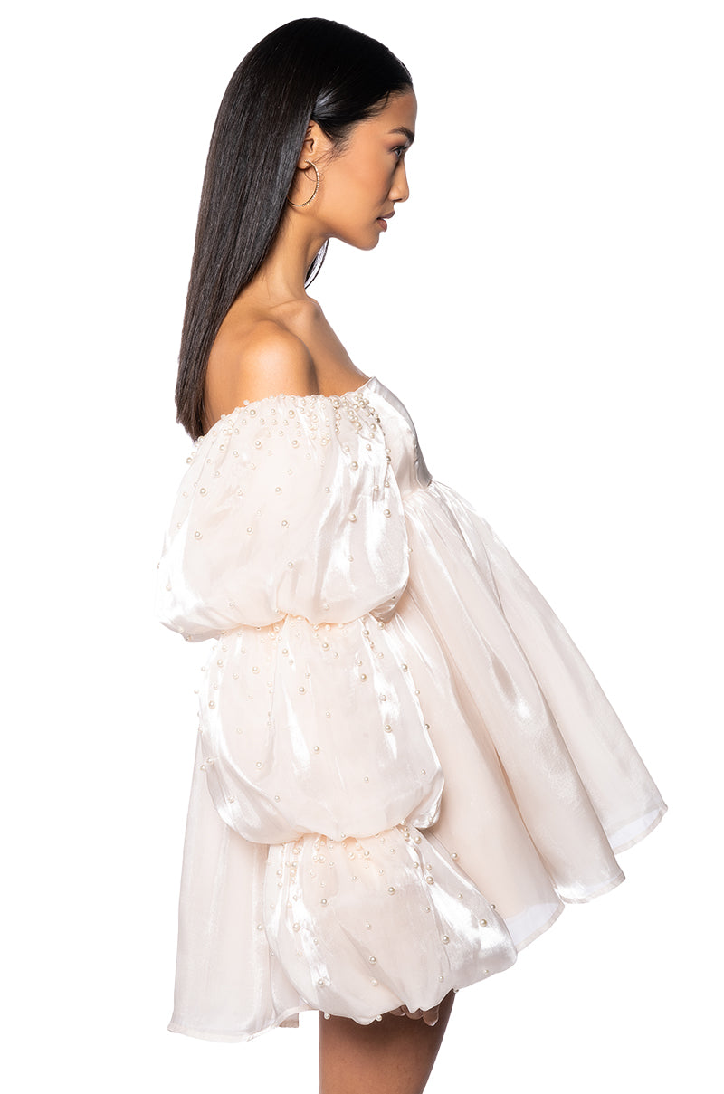 FELT CUTE PEARL EMBELLISHED MINI DRESS