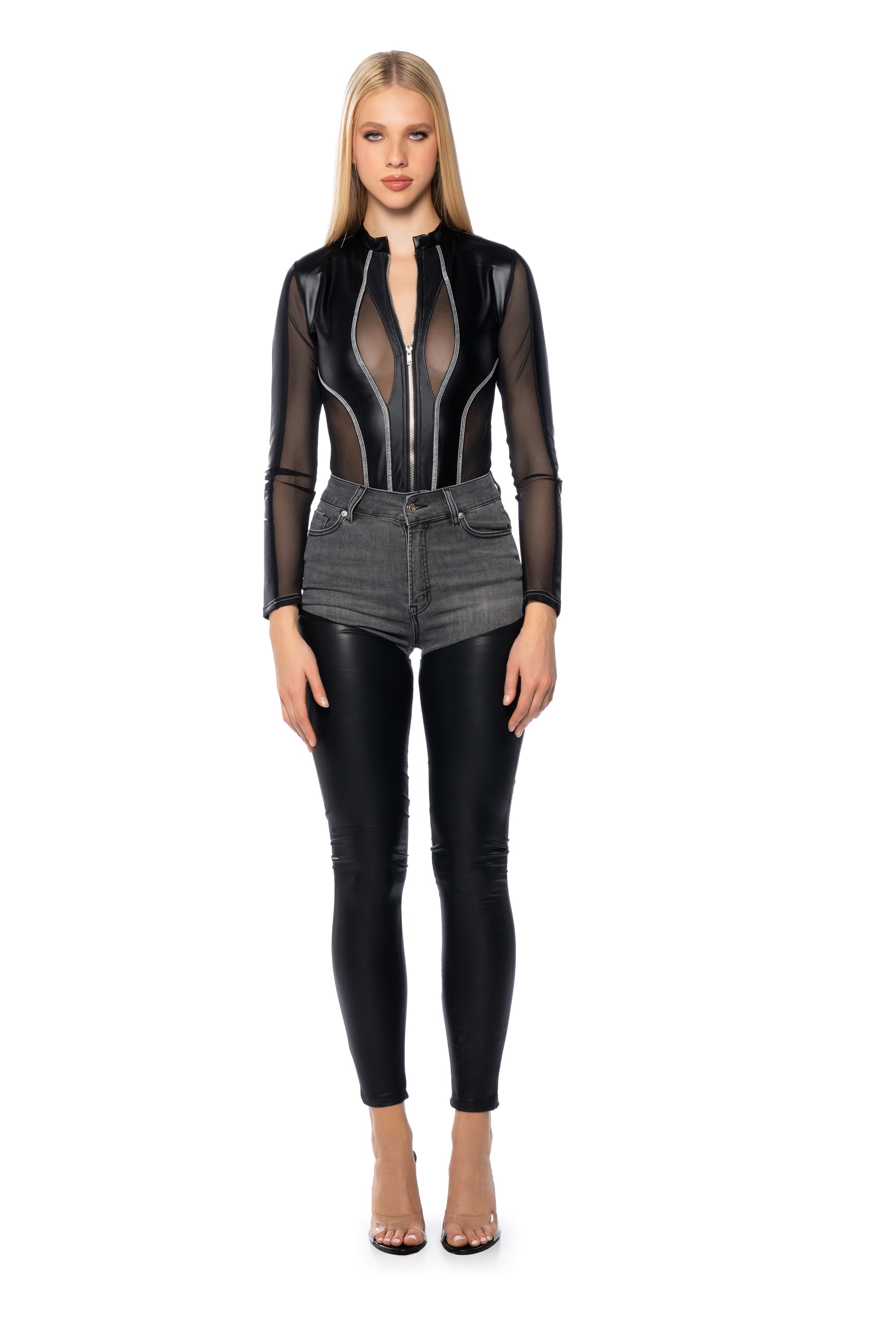EXTREME STRETCH HIGH WAIST SKINNY JEANS WITH FAUX LEATHER