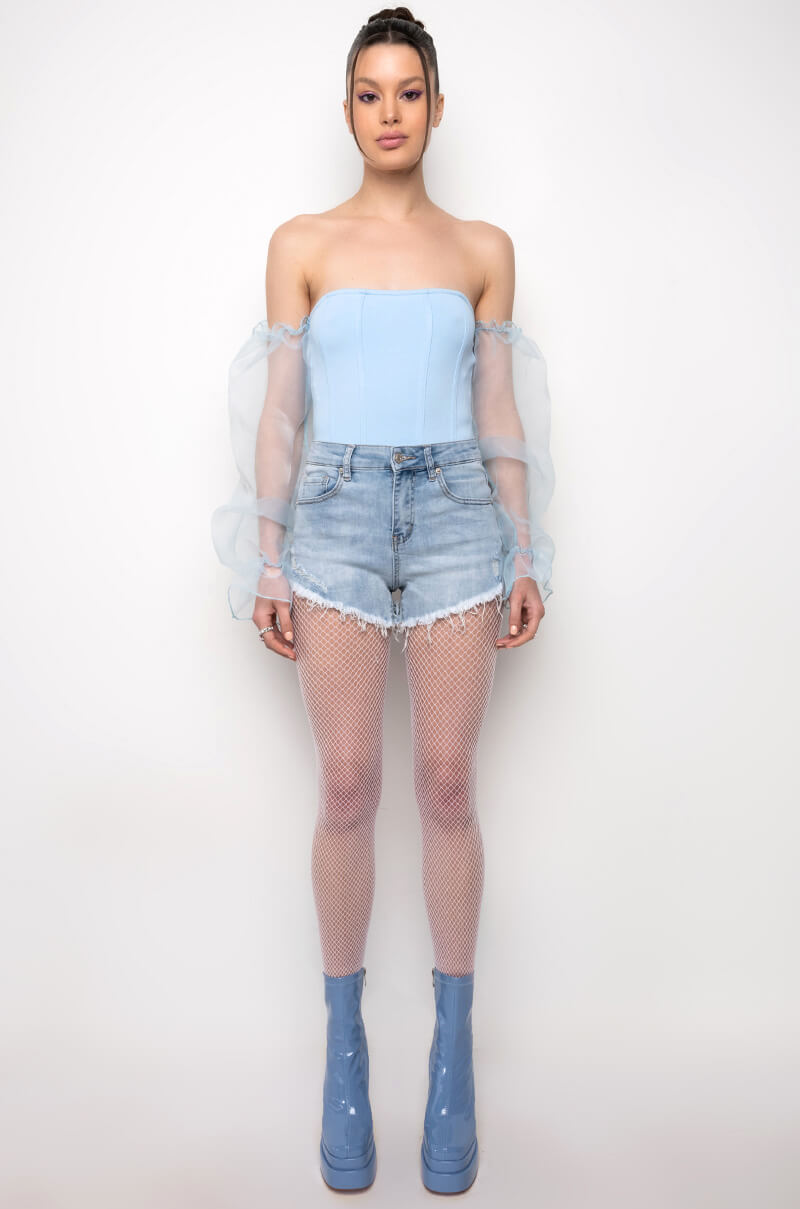 FLEX-FIT HIGH WAISTED SUPER STRETCHY LIGHT BLUE DENIM SHORTS