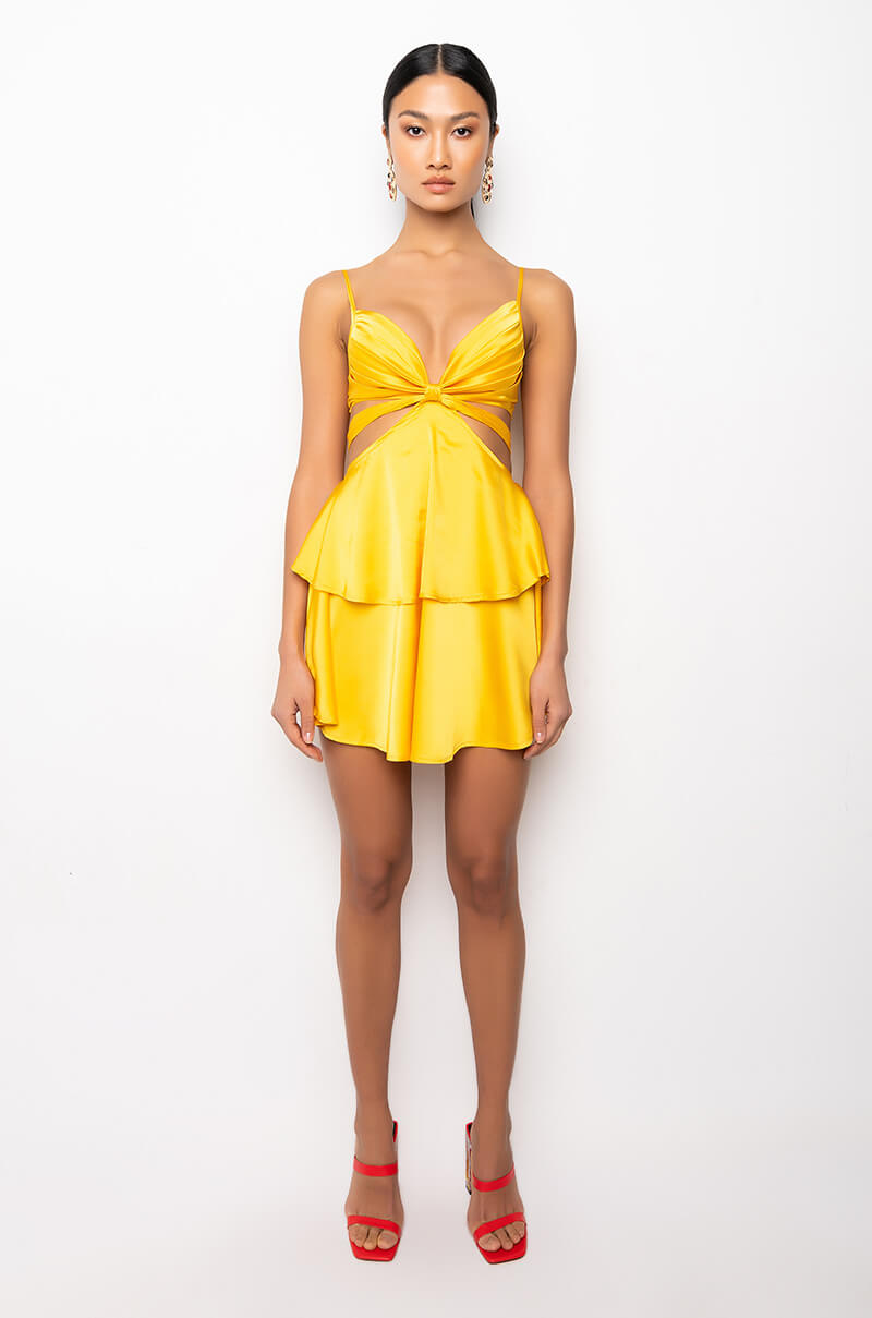FLIRTY TIE FRONT SATIN MINI DRESS