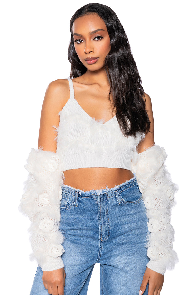 FLORAL DETAIL CARDIGAN AND BRALETTE SET IN WHITE