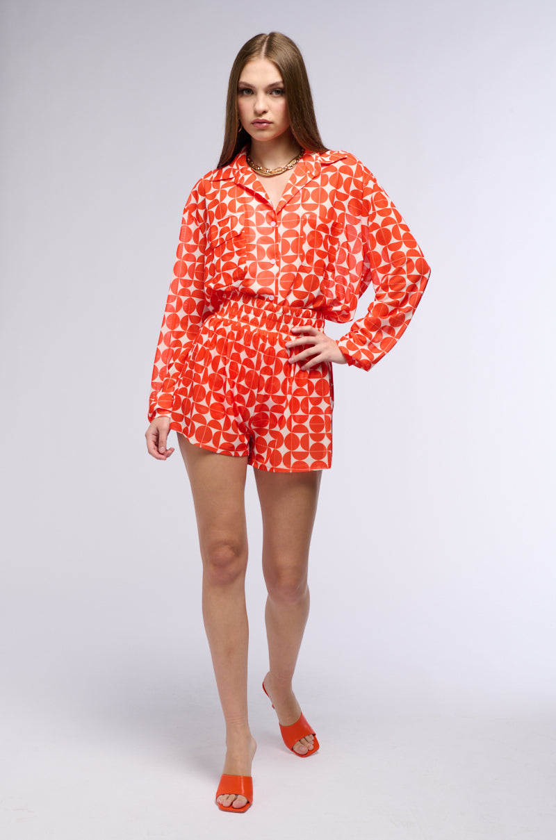 GIVE ME MONEY HONEY PRINTED MESH BUTTON DOWN BLOUSE