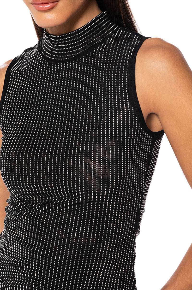 GLITZ SLEEVELESS MESH TOP IN BLACK
