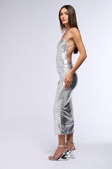 GLOW BABY BACKLESS METALLIC MAXI DRESS IN SILVER