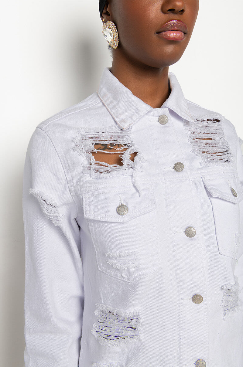 GOOD TO BE BAD DISTRESSED DENIM JACKET