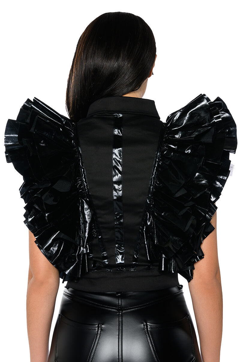 GREATEST SHOW RUFFLE BUTTON DOWN BLOUSE