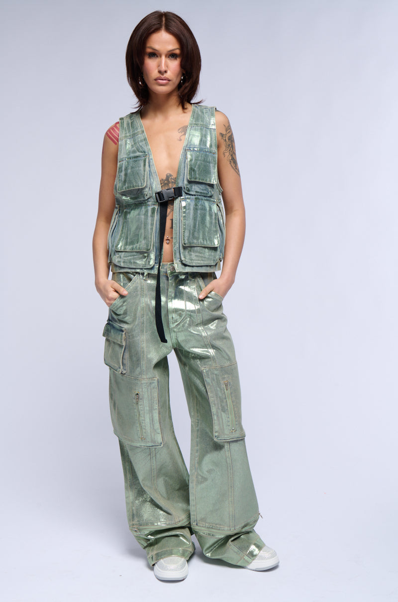 GREEN WITH ENVY METALLIC WIDE LEG CARGO PANT