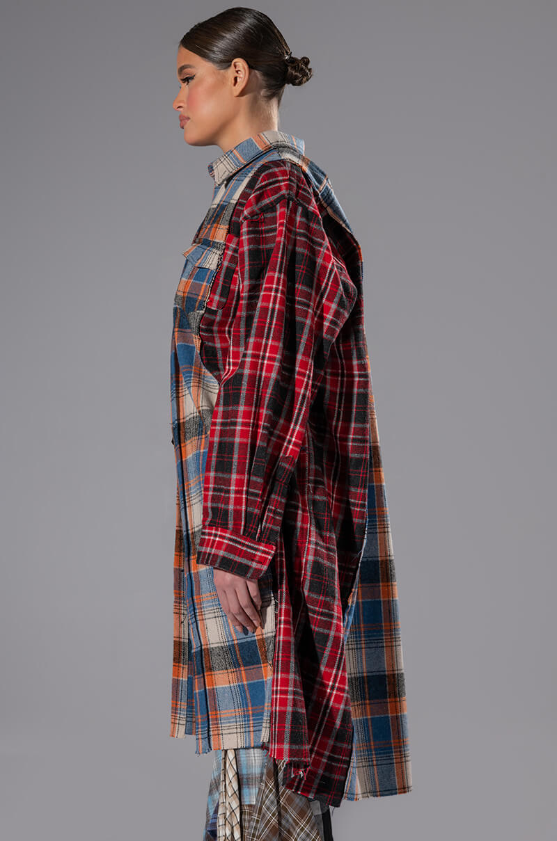 GRUNGE GIRL MIXED PATCHWORK OVERSIZED LONG PLAID TOP