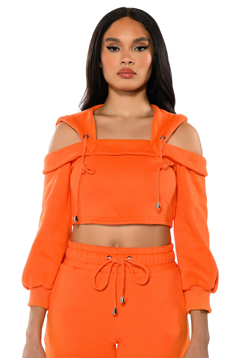 GUILTY BY ASSOCIATION CROPPED OFF THE SHOULDER SWEATSHIRT