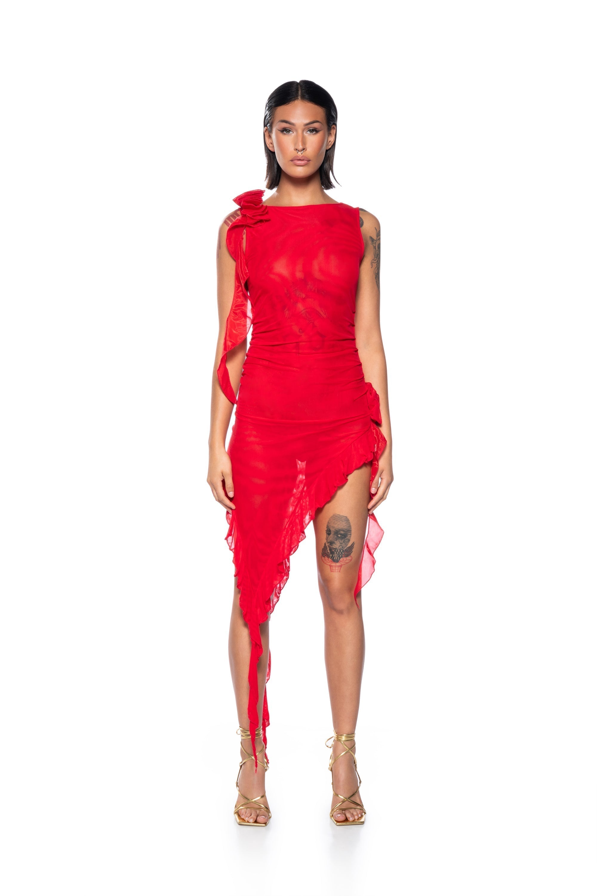 HAILEY SLEEVELESS ASYMMETRICAL RUFFLE MESH MIDI DRESS