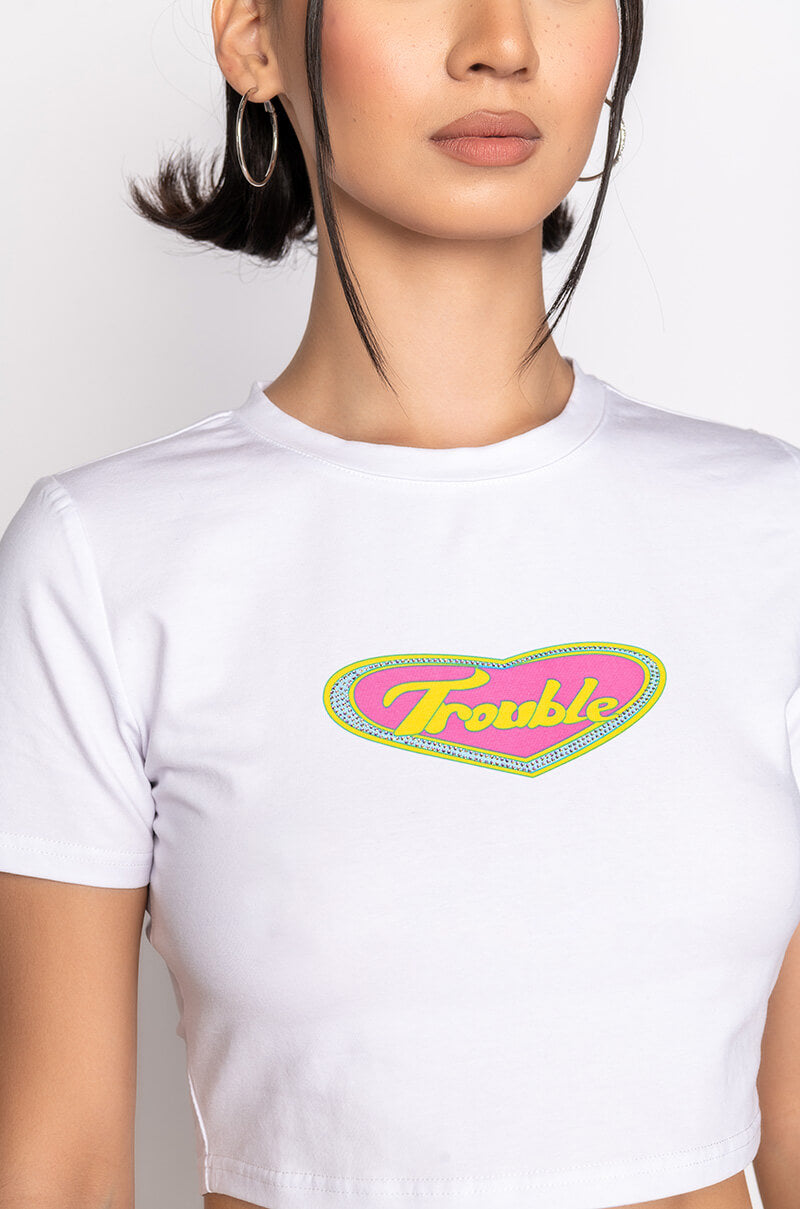 HERE COMES TROUBLE EMBELLISHED SHORT SLEEVE TEE