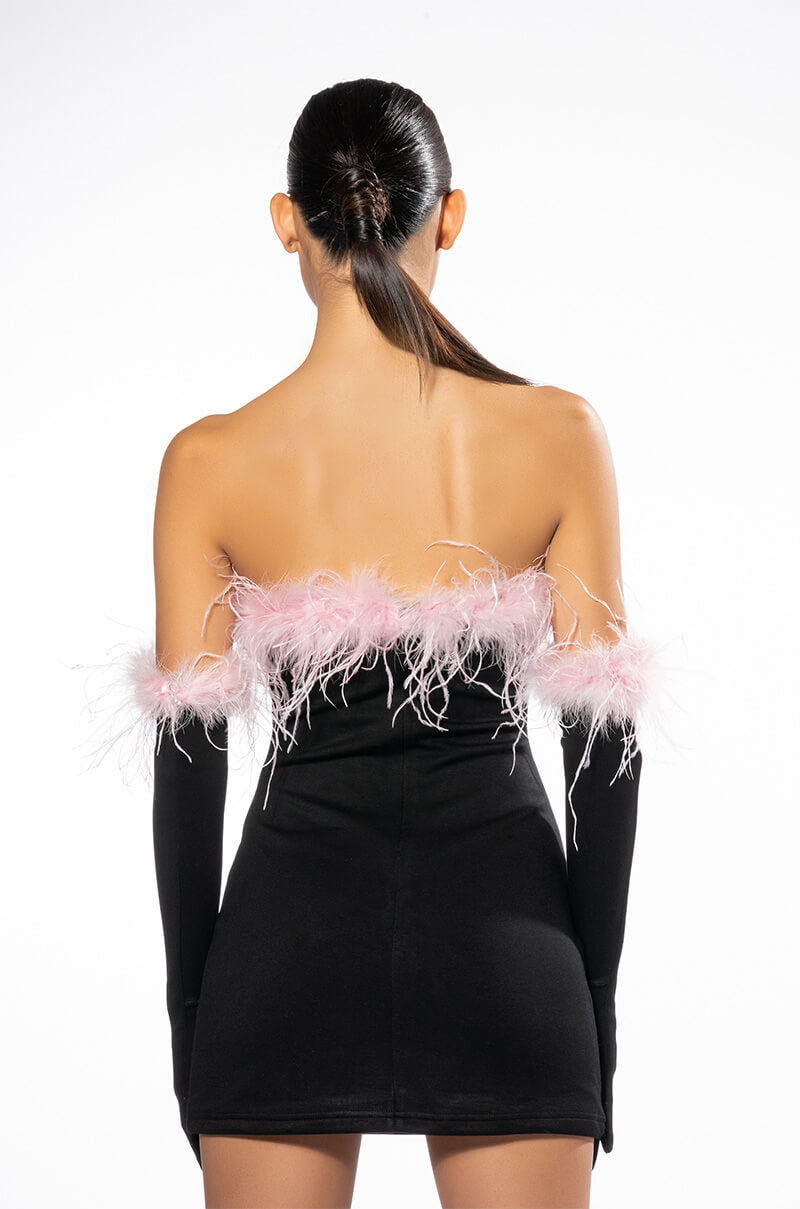 HOLLY FEATHER DETAIL STRAPLESS BODYCON DRESS WITH GLOVES