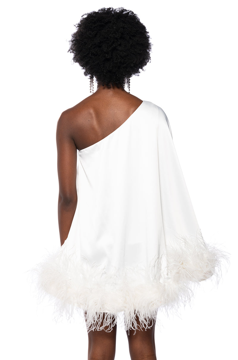 ISNT IT LOVELY ONE SHOULDER FEATHER HEM MINI DRESS IN WHITE
