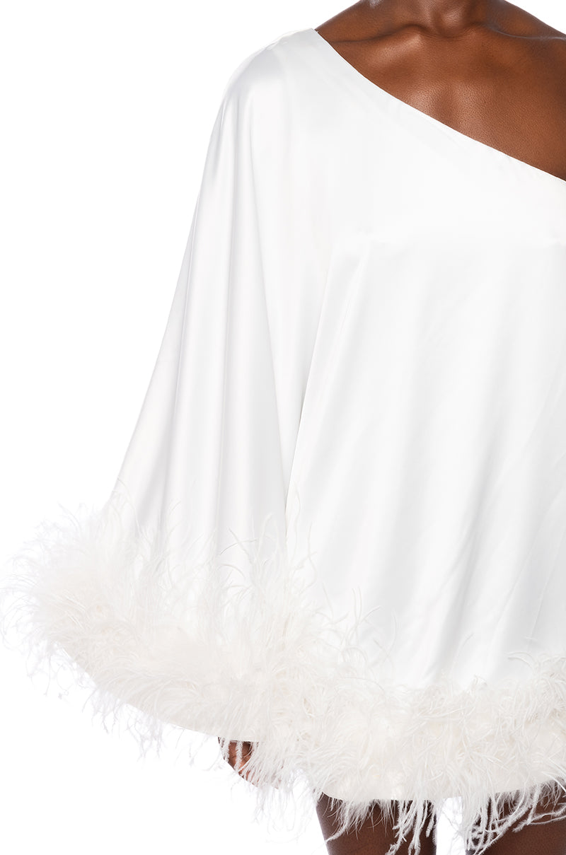 ISNT IT LOVELY ONE SHOULDER FEATHER HEM MINI DRESS IN WHITE