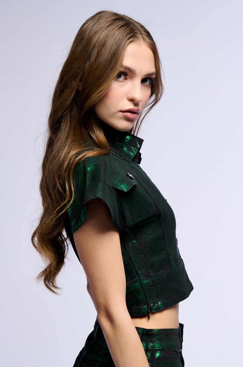 KAROLINA METALLIC GREEN BUTTON DOWN TOP