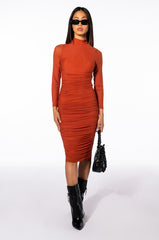 KEEP IT LOW KEY LONG SLEEVE MIDI RUCHED DRESS
