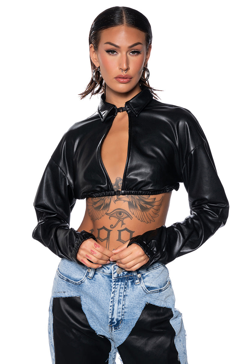 KEEP UP FAUX LEATHER COLLARED CROPPED SHIRT