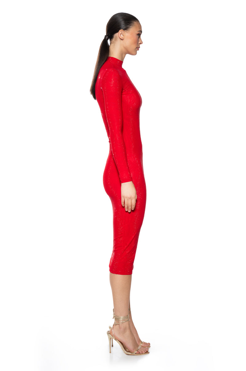 KEEP WALKIN RHINESTONE MIDI DRESS IN RED