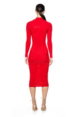 KEEP WALKIN RHINESTONE MIDI DRESS IN RED