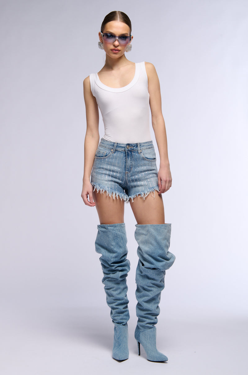 KICK BACK PINSTRIPE RHINESTONE JEANS SHORTS