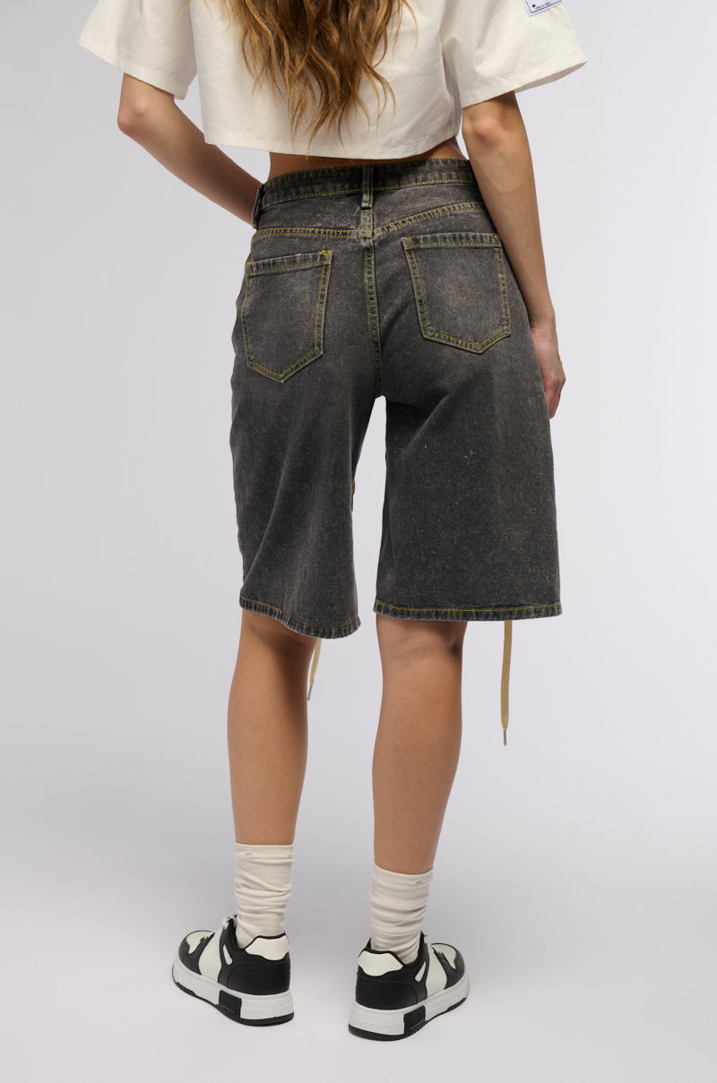 LACE ME UP DENIM BERMUDA SHORTS