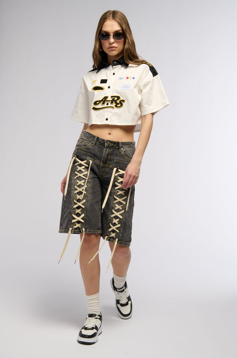 LACE ME UP DENIM BERMUDA SHORTS