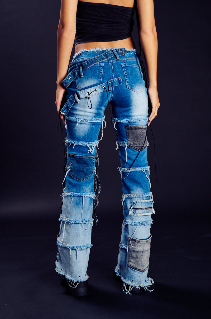 LAY LOW DISTRESSED DENIM FLARE PANT