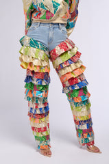 LIFE IS BUT A DREAM BROCADE RUFFLE DENIM JEANS