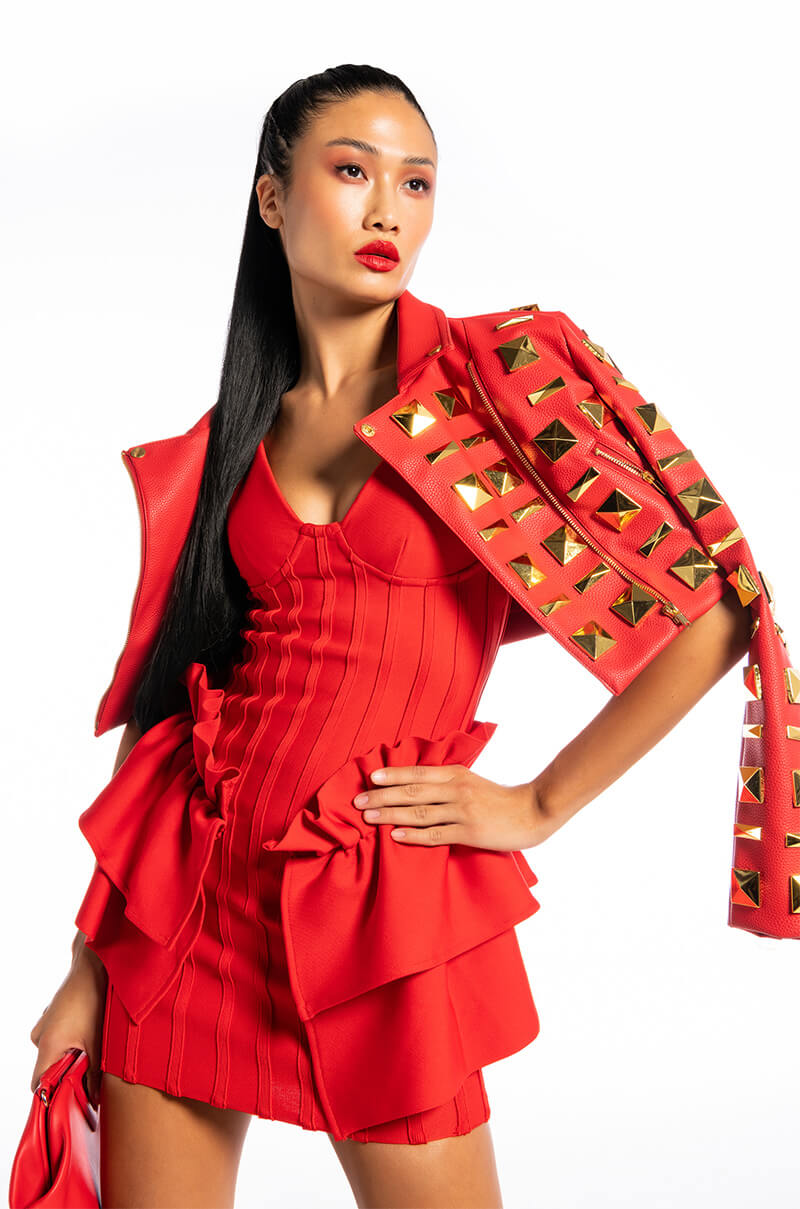 LOVE ME OR HATE ME BANDAGE MINI DRESS WITH RUFFLE
