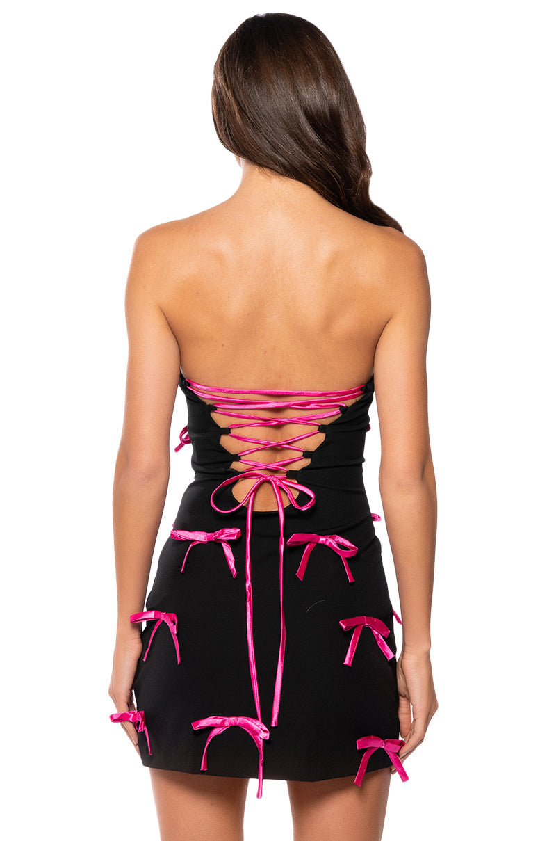 LUCY ALL OVER BOWS STRAPLESS MINI DRESS