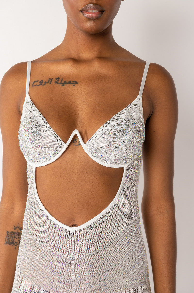 LUXX IS ALL I KNOW RHINESTONE MESH MAXI DRESS