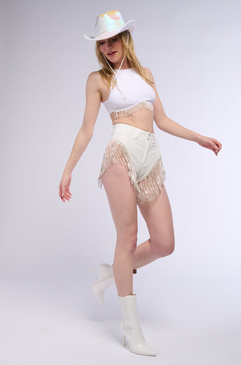 MAKE YOU BELIEVE IT RHINESTONE FRINGE TANK IN WHITE