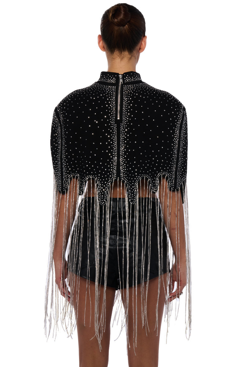 MEET IN THE LIGHT RHINESTONE FRINGE CROPPED CAPE