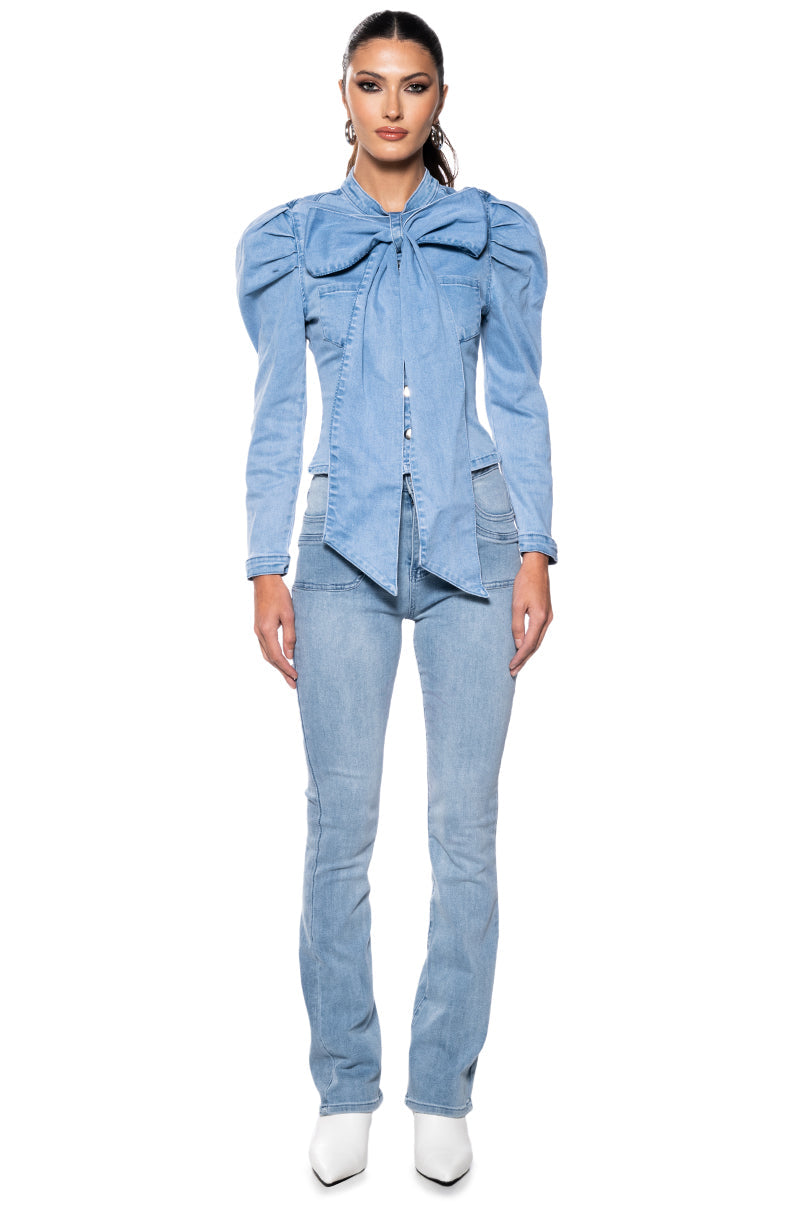 MISS INDEPENDENT DENIM LONG SLEEVE BLOUSE