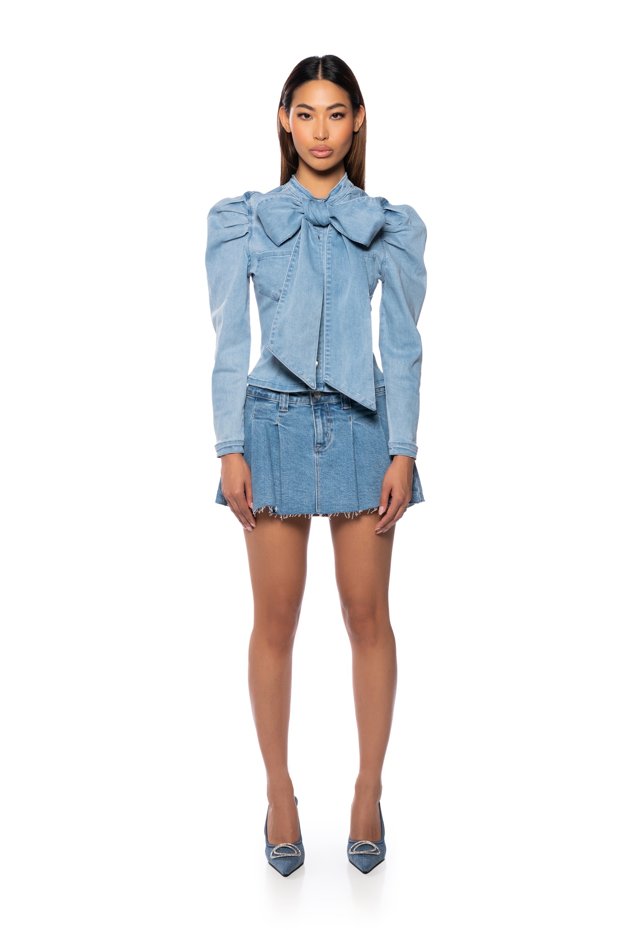 MISS INDEPENDENT DENIM LONG SLEEVE BLOUSE